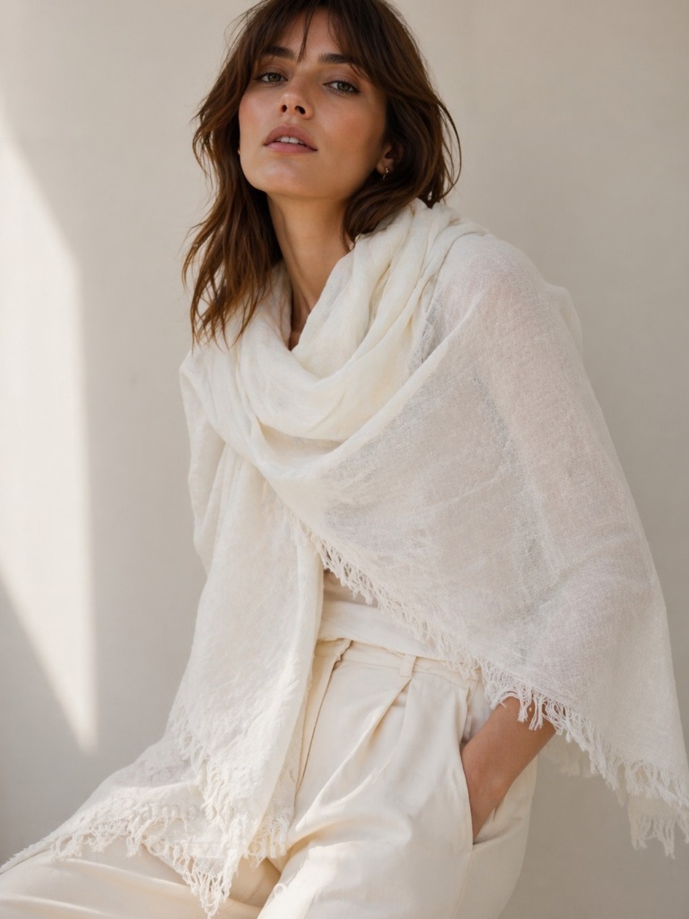 MaxMara Ivory Oversized Bamboo Wrap Scarf 32” X 72” Lightweight Fringed Shawl